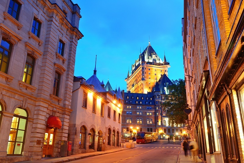 Chateau,Frontenac,At,Dusk,In,Quebec,City,With,Street